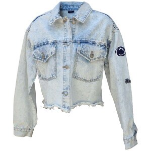 women's light denim blue cropped jean jacket with embroidered Penn State Athletic Logo on left sleeve